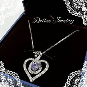 NIB Redbee 18k GP white gold heart and purple CZ diamond necklace!